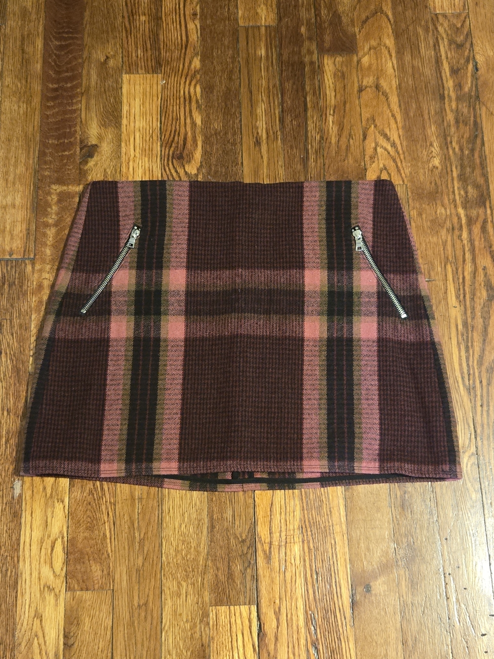 GAP Burgundy and Pink Plaid Mini Skirt with Zipper Accents